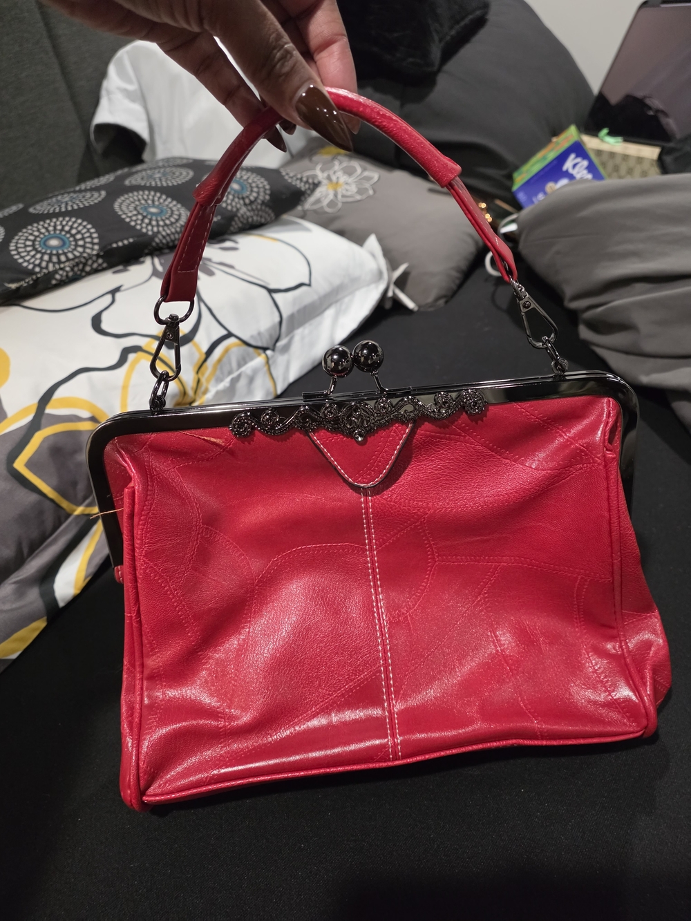 Red Frame-Top Satchel Handbag - Picture 7 of 9